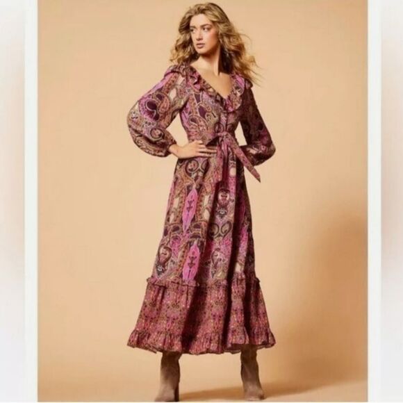 A Loves A Linen Blend Pink Tan Burgundy Paisley Printed Long Sleeve Maxi Dress - Picture 2 of 16